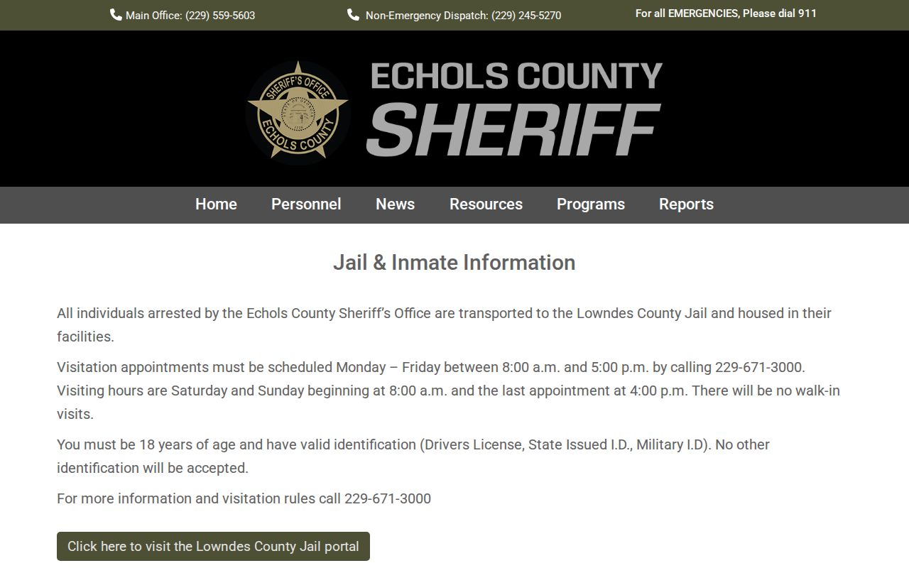 Echols County Sheriff's Office jail information stating that arrestees are housed in Lowndes County